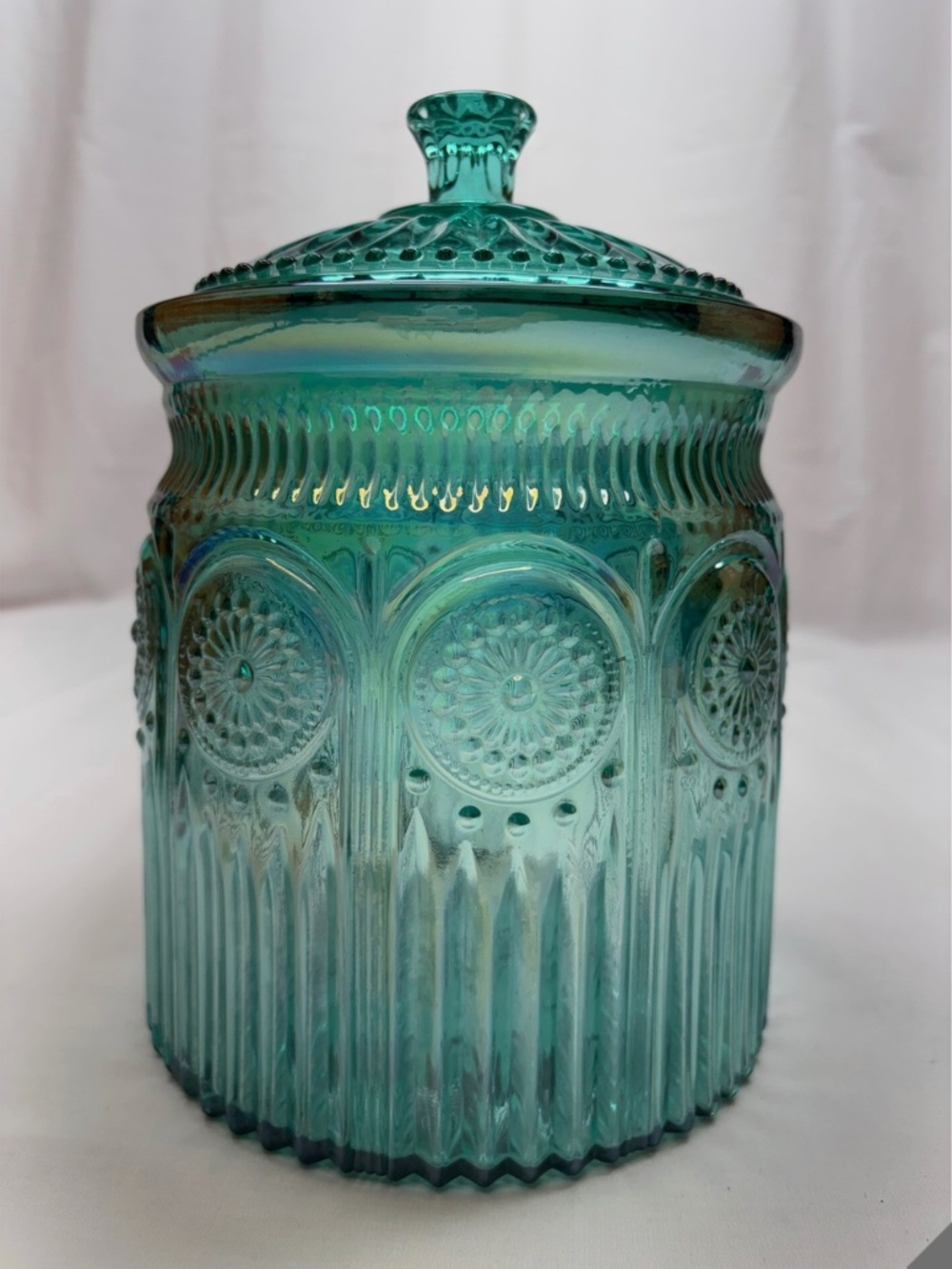 The Pioneer Woman Adeline Turquoise Pressed Glass Lidded Cookie Jar Embossed 9"